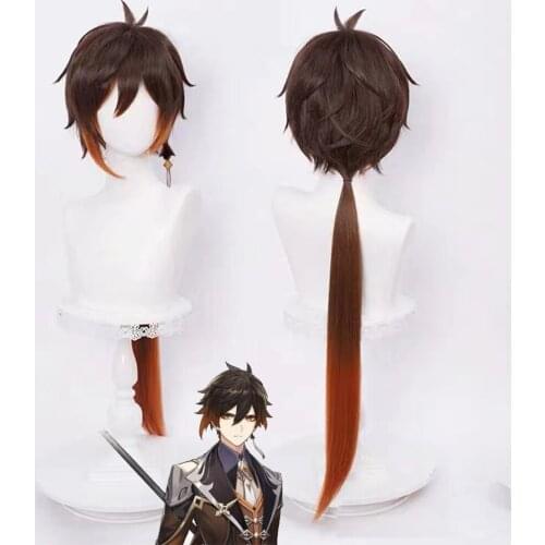 Genshin Impact Zhongli Cosplay 90cm Long Christmas Brown Orange Wig Halloween Cosplay Anime Wigs Heat Resistant Synthetic Wigs