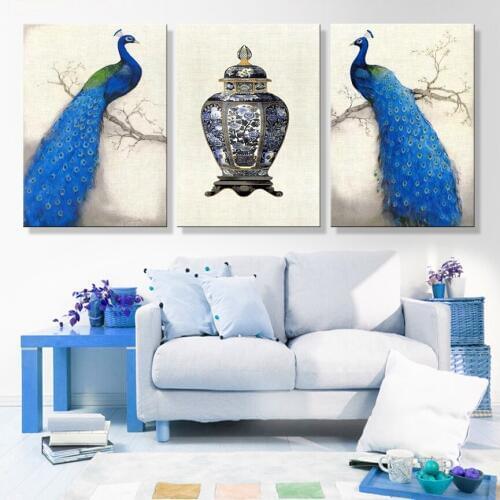 Peacock vase style kids decoration Flowers art Modular wall oil painting on canvas quadri da parete moderni wall 3pcs pictures