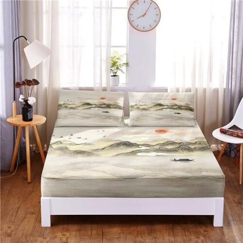 Landscape Digital Printed 3pc Polyester Fitted Sheet Mattress Cover Four Corners with Elastic Band Bed Sheet Pillowcases