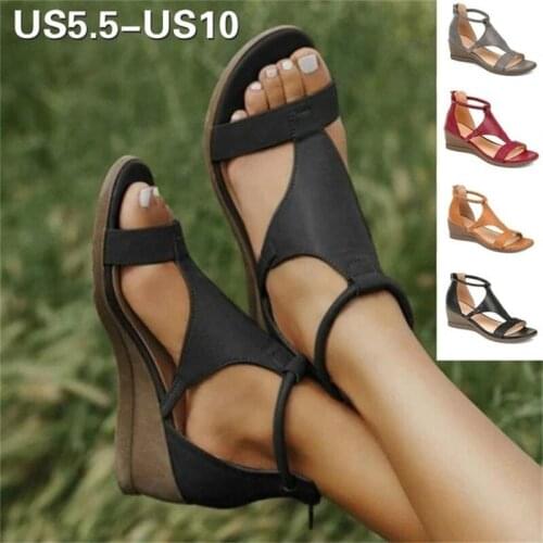 Women Summer Sandals Mid Heels Wedges Shoes Woman Vintage PU Zipper Retro Sandal Ladies Open Toe Fashion Casual Shoe