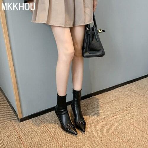 MKKHOU Fashion Short Boots Women New Genuine Leather Pointed Toe Metal Buckle Stiletto Ladies Tight Elastic Boots