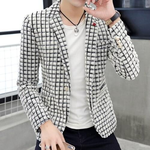 Spring Autumn Mens Blazers Jacket Lapel One Button Checks Plaids Men Coat Business Casual Jackets Size M-3XL V02