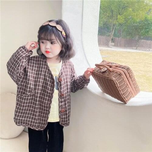 Mori 2021 Spring Korean Style Boys and Girls Literary Retro Fan Jacket Childrens Cotton and Linen Plaid Hooded Coats Baby Tops