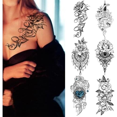 Black Flower Waterproof Temporary Tattoo Peony Rose Snake Body Art Arm Sleeve Sticker Water Transfer Girl Women Decoration