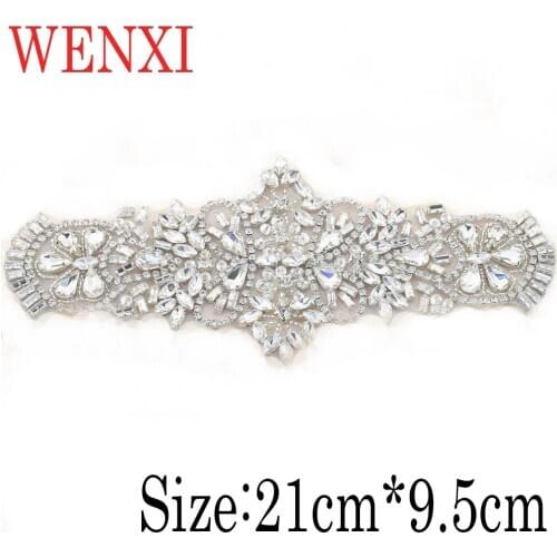 WENXI" (10pcs) Wholesale Bridal Clear Rose Gold Crystal Rhinestones Appliques With Beads Sewing On Wedding Dresses Sash WX701