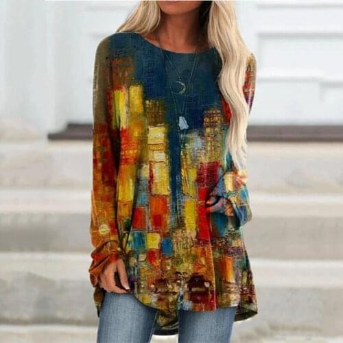 2021 Spring Lost in Thoughts Printed Women Casual T-shirts Hit Contrast Color O-neck Long Sleeves Vintage Tops Tee