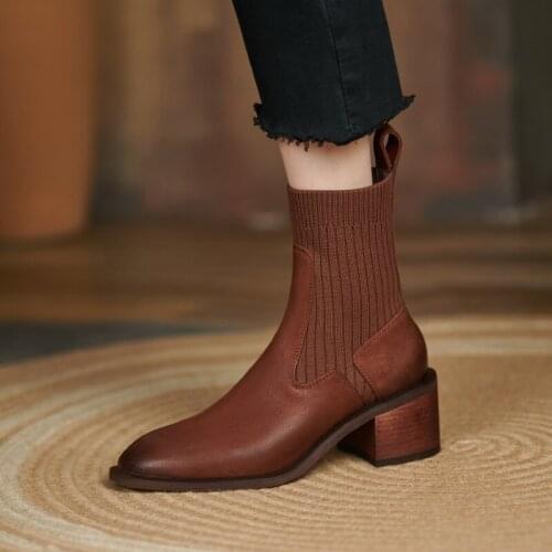 Women Ankle Boots natural leather 22-26cm Cow leather upper +Flying Knitted Boots shoes Vintage thick-heeled wool short boots