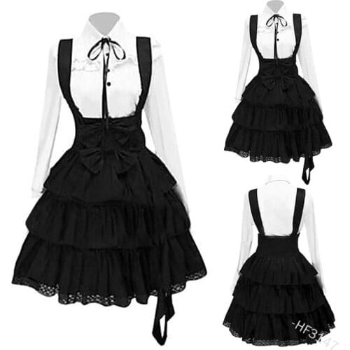 Womens Classic Lolita Dress Vintage Inspired Womens Outfits Cosplay Anime Girl Black Long Sleeve Knee Length Shirt Dress S-5XL