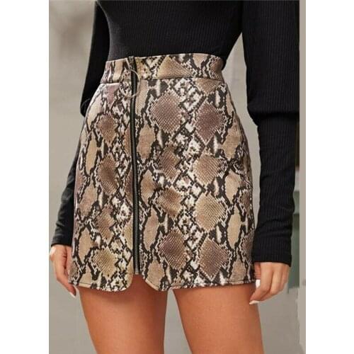 Women Sexy Mini Skirts Fashion Autumn Winter Zip Up Pencil Skirts High Waist Mini Snake Skin Printed Bodycon Skirts
