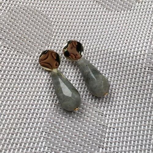 2020 New Women Nature Stone Earrings Stud Jewelry Handmade Long Irregular Shape Flash Labradorite Faceted Stone Earring