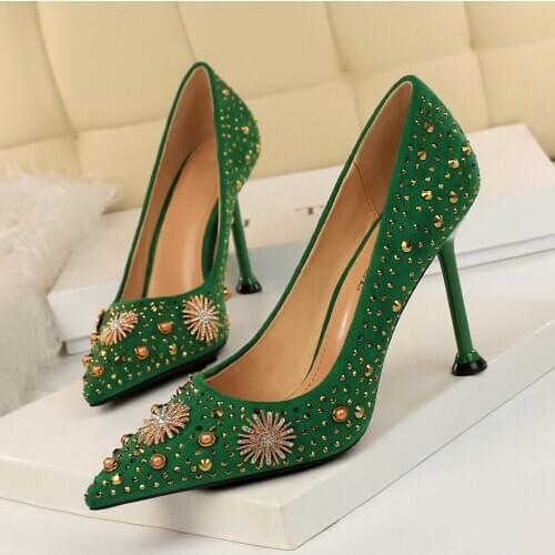 2020 Women 9.5cm High Heels Pumps Plus Size 10.5 Pointed Toe Fetish Lady Elegant Shoes Rivets Heels Scarpins Green Blue Pumps