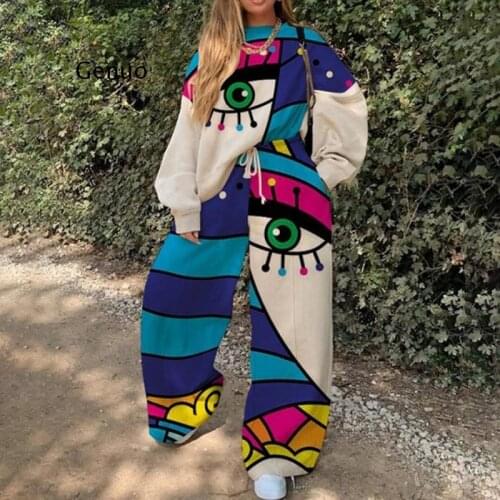 Geometric Abstract Sweatershirt Suit Woman Round Collar Loose Pullover + Dropped Fit Sport Pants Casual 2021 Autumn