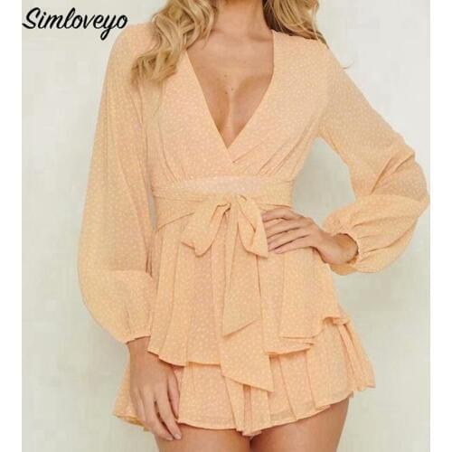 SIMLOVEYO Spring Summer Women Sexy Dark V-neck Rompers Ruffles long Sleeve Jumpsuit Ladys Beach Short Pants Bodycon Party