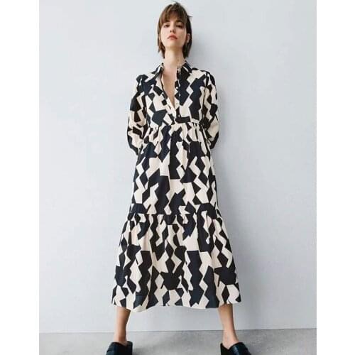 Nlzgmsj Za Women 2021 Loose Black Printed Derss Women Autumn Dress Lapel Long Sleeve Mid-Calf Dresses Female 202107