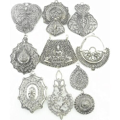 10pcs/Lot Bohemia Filigree Flower Leaves Shaped Charms Religion Buddha Heart Teardrop Pendant Fit Necklaces Jewelry A8Q805