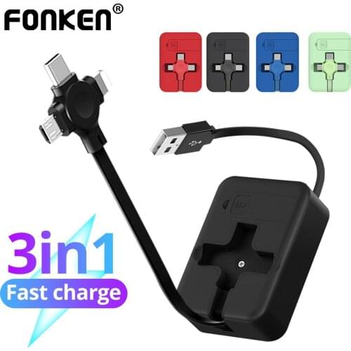 3 in 1 USB Cable for Mobile Phone Micro USB Type C 8Pin Charger Cable for iPhone 12 11 XS Retractable Powerbank Charge Data Cord