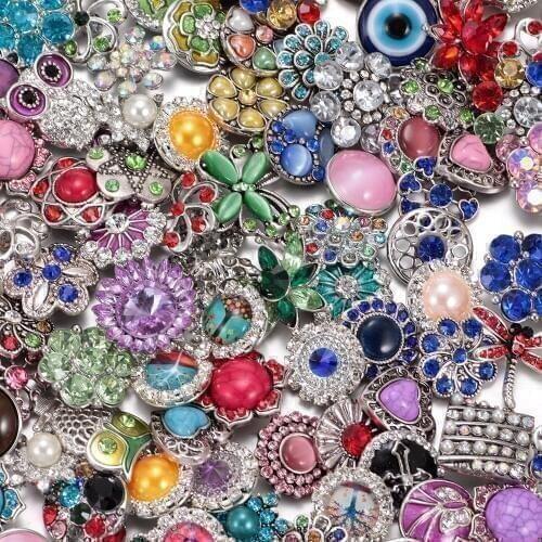 50pcs/lot Mixed Rhinestone Amazing Pattern & Styles Charms 18mm Metal Snap Button For DIY Bracelet Snaps Jewelry KZHM002