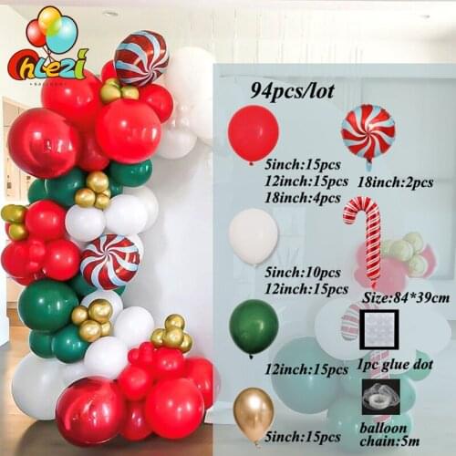 94Pcs Christmas Green Red Balloons Garland Arch Kit Chrome Metallic Gold Candy Cane Foil Ballon Merry Christmas Party Decoration