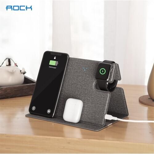 ROCK 10W Wireless Charger Pad for iPhone 12 11 Pro Max Samsung S20 PU Leather Wireless Charger Stand for Airpods Pro 2 1 iWatch