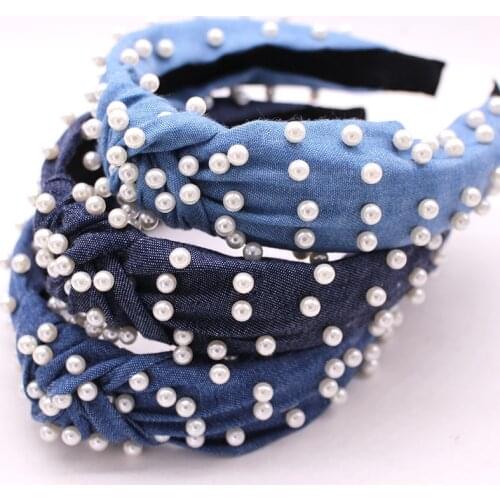 Bohemian Vintage Denim Center Knot Wide Hairband with Pearl Knotted Hairband Hair Accessories