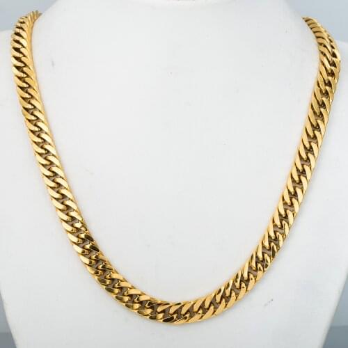12mm Wide Mens Boys Gold Color Double Curb Cuban Necklace Rombo Chain Stainless Steel Male Jewelry 60cm 24inch DKN127