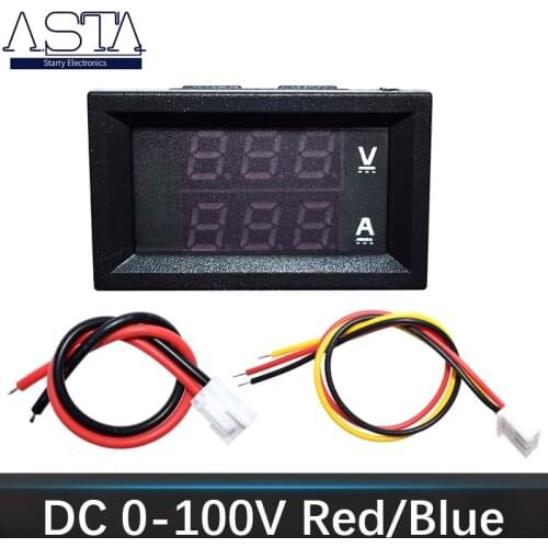 DC 0-100V 10A Digital Voltmeter Ammeter Dual Display Voltage Detector Current Meter Panel Amp Volt Gauge 0.28" Red Blue LED