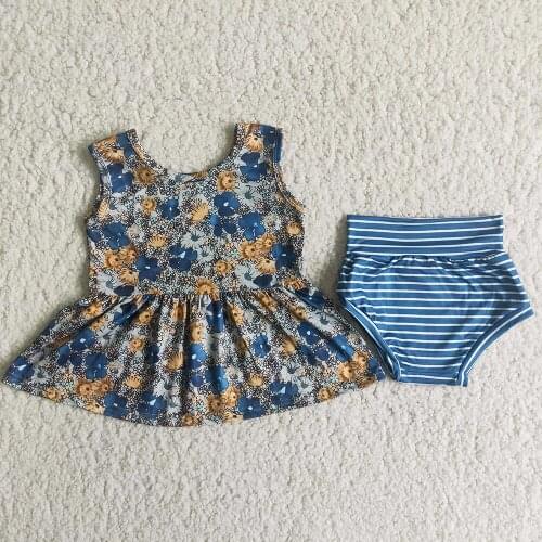 Hot Sale Baby Toddler Summer Two Pieces Set Yellow Blue Flowers Sleeveless Top Stripe Bummies