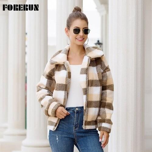 FORERUN Winter Plaid Jacket Teddy Bear Fur Coat Women Short Turn-down Collar Zippers Street Style Fall Outwear Dropshipping