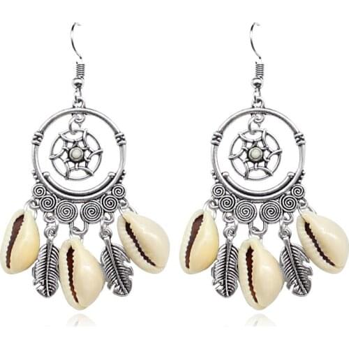 Classic Dream Catcher Earrings Antique Stone Dreamcatcher Shell Leaves Tassel Earrings Ethnic Style Jewelry
