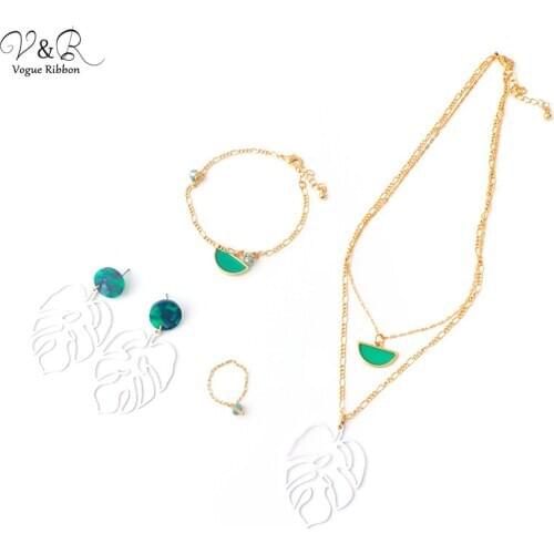 Diy Package New Arrival Trend 2020 Necklace Earring Bracelet Ring Set By Gold Metal/ Acetate/ Pearl/ Acrylic/ Enamel Leaf/ Shell