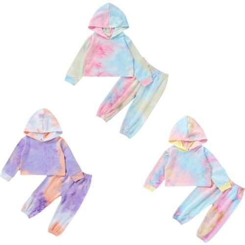 New Children Long Sleeves Long Pants Suit Boys Girls Tie-dye Clothes Set Autumn Round Collar Tops Tee Trousers Baby Outfits