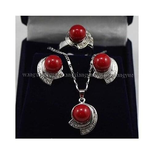 Red South Sea Shell Pearl Earring Ring & Necklace Pendant Set AAA style Fine Noble real Natural