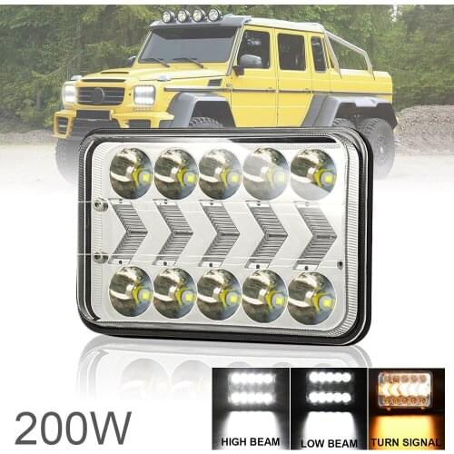 5 Inch 4x6 200W Square Headlights White & Amber Arrow DRL Dynamic Sequential Turn Signal for Off-road Vehicle / Truck / Bus
