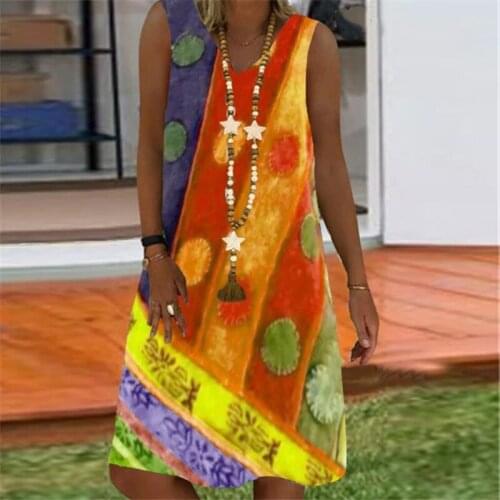 Summer Dress Retro Print V-Neck Sleeveless Dress For Women Loose A-Line Female Dresses Oversized Femme Robe Vestidos Plus Size