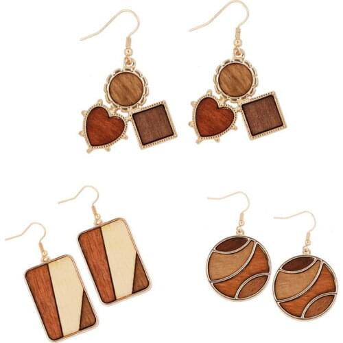 Fashion Mosaic Art Geometric Round Square Wooden Drop Earrings for Women Trendy Party Jewelry Free Shipping