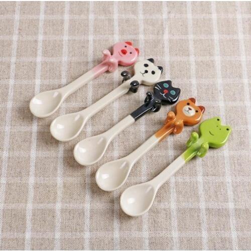 Cartoon Animal Hanging Spoon Ceramic Coffee Tea Sauce Spoon Scoop Stirring Panda Bear Frog Cat Spoon Tableware SN722