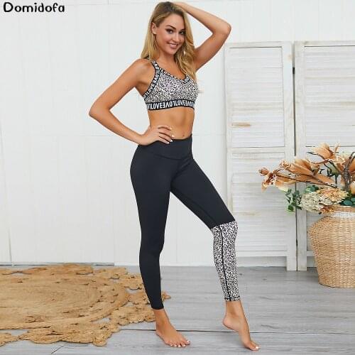 New Womens 2 Piece Set Exercise Suit Leopard Print Yoga Set Sports Fitness Suit Gym Polyester Fiber Breathable Sportswear