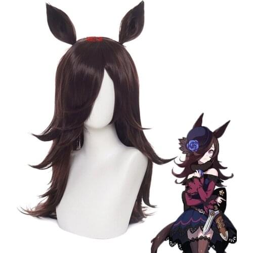 Uma Musume Rice Shower Cosplay Wig Pretty Derby Cosplay Brown Wig with Bangs Ears Synthetic Hair Heat Resistant