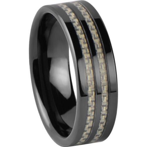 Beveled Double White Carbon Fiber Inlaid Black Ceramic Ring /TURI1004M /US Size13.5