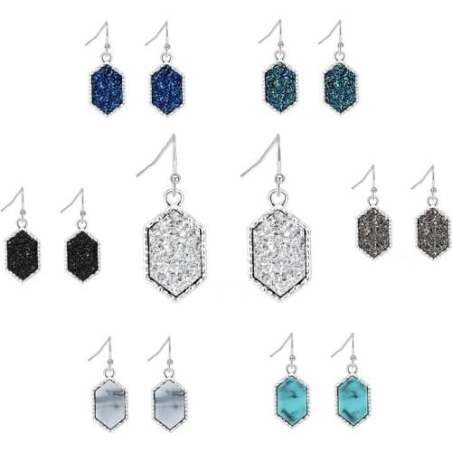 14 Colors Drusy Hexagon Dangle Earrings Imitation Crystal Stone Druzy Earings Gold Silver Plated Brand Jewelry for Women KS 18