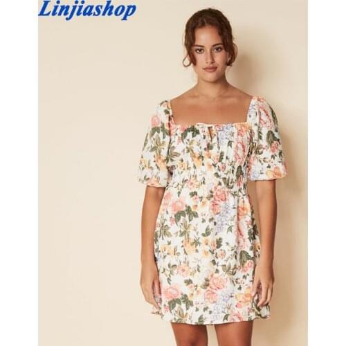 Vintage summer mini dress square collar short sleeve floral print beach holiday chiffon short dress female vestidos