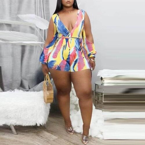 XL-5Xl Plus Size Summer New Style Color Print Rompers Women Off Shoulder Deep V Neck Jumpsuit Female Sexy Streetwear Catsuits