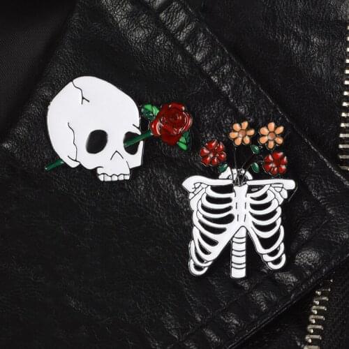 Skull Flower Pins Floral Rose and Skeleton Bone Brooches Denim Jackets Bags Hats Backpack Accessories Halloween Dark Punk Pins