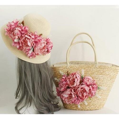 Luxury Designer Beach Bag High Quality Straw Bags Women Summer Handmade Flowers Travel Basket Tote Bag with Sun Hat 2021 NEW