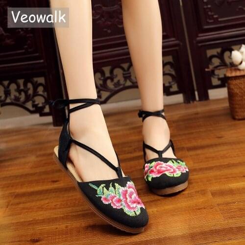 Veowalk Summer Women Floral Embroidered Canvas Slingbacks Flats Ankle Strap Retro Ladies Casual Comfortable Ballets Shoes