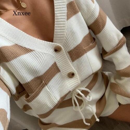 2021 Spring and Autumn Dress Thorn Tree Lady 2-Piece Suit Long Sleeve V-Neck Striped Button Cardigan Sweater Shorts Knitting