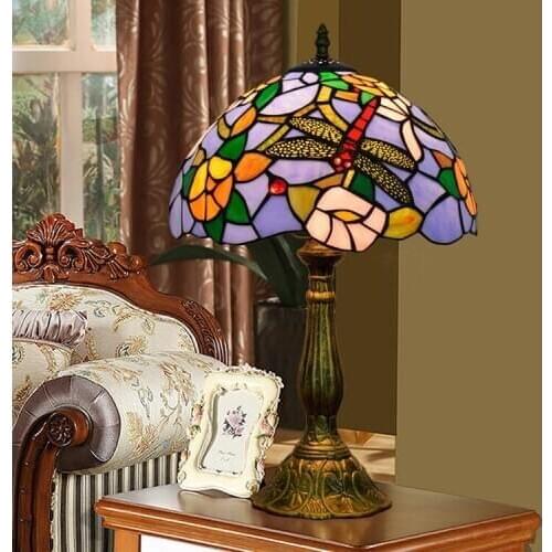 12 inch simple European style Beige Nordic Art Bedside Table Lamp Tiffany Stained Glass Retro Bar Dining Room Bedroom Bedside La