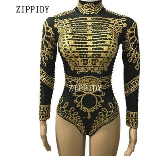 Shining Gold Black Crystals Bodysuit Nigthclub Performance Outfit Party Celebrate Glisten Rhinestones Costume Stage Leotard Wear