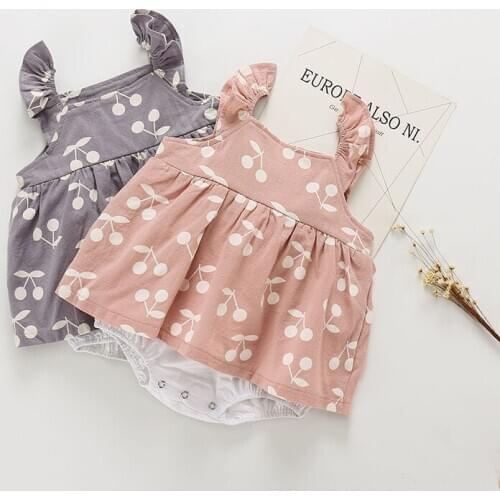 Lovely Newborn Summer Thin Package Fart Clothing Baby Girl Sleeveless Cherry print Romper Jumpsuit Lace With Hat