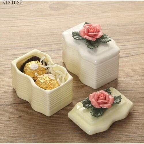 Creative Ceramic Candy Box Exquisite Rose Flower Square Jewelry Necklace Storage Box Household Food Storage Jar Home Decoration